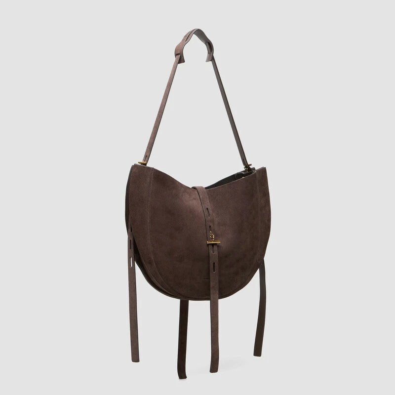 Minobossi Lizzie Small hobo bag in testa di moro brown calf suede – handmade in Italy with adjustable strap and interior zip pocket.