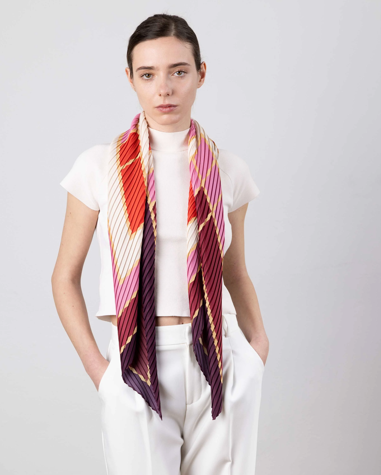 Multitudes pleated scarf Era pink crimson rose gold art deco geometric print