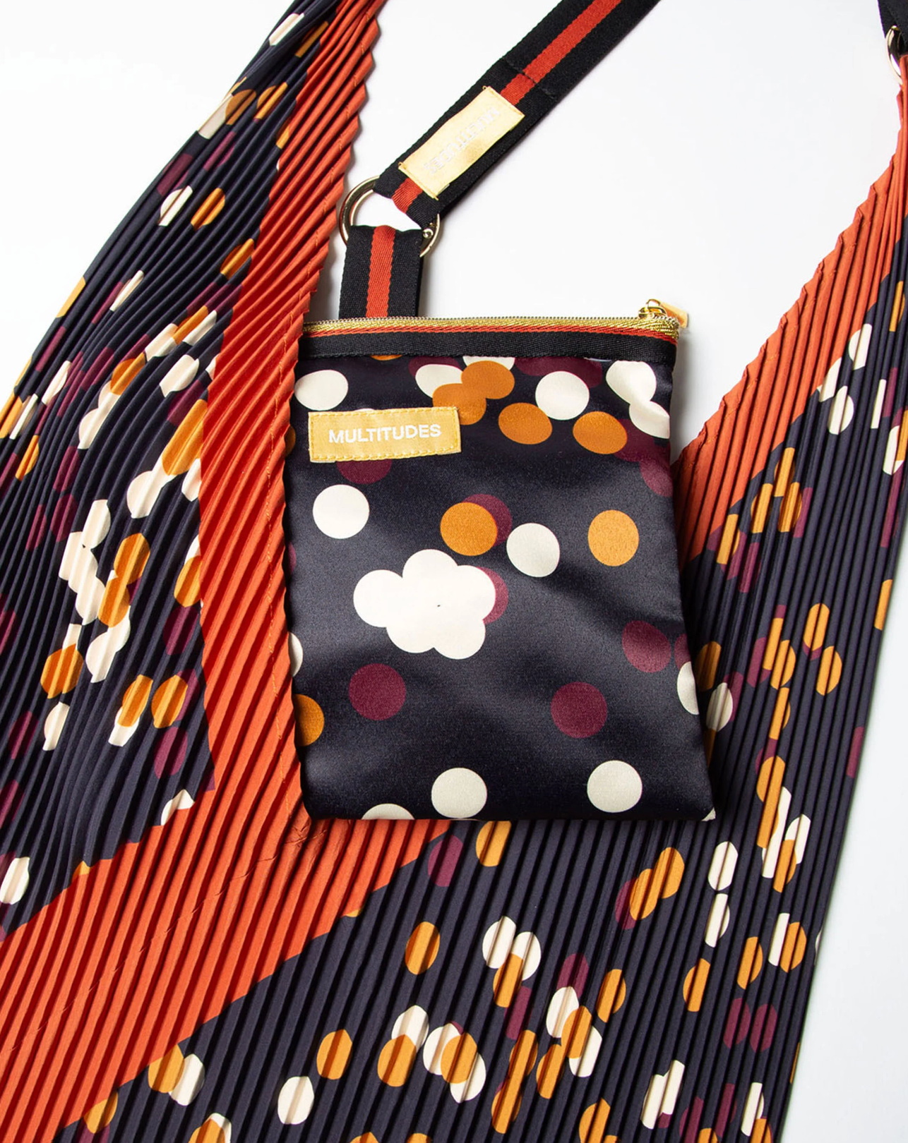 Multitudes Valeria bag in pleated satin with multicolor abstract design