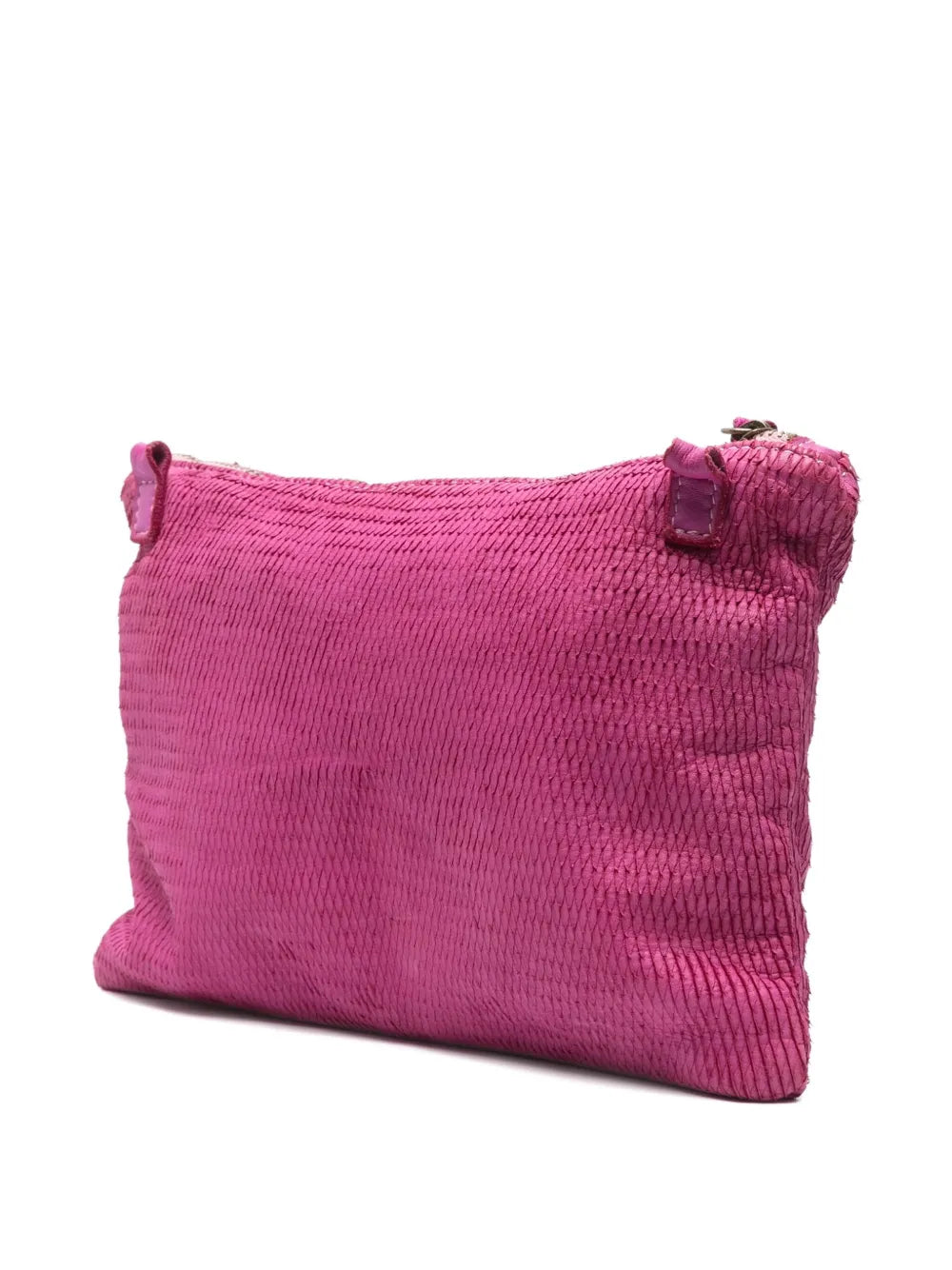 Sommet Petaliño pochette bag in magenta, crafted from vegetable-tanned calfskin with petal effect, adjustable and removable strap, zipper closure, interior compartments, handmade in Italy.