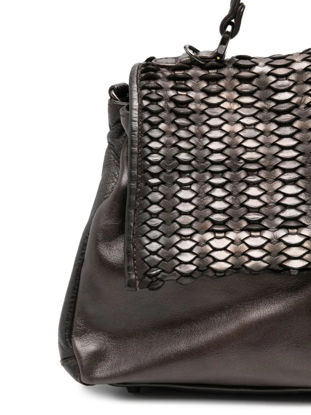 Reptile’s House H551 Mirage handbag in deep coffee brown leather with handwoven flap, top handle and detachable shoulder strap, Italian craftsmanship