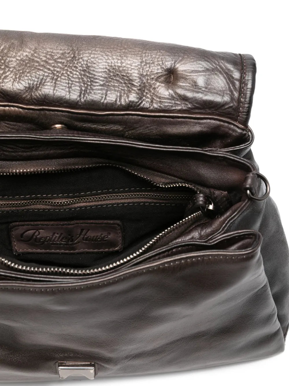 Reptile’s House H551 Mirage handbag in deep coffee brown leather with handwoven flap, top handle and detachable shoulder strap, Italian craftsmanship