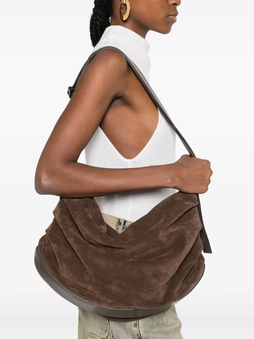 Reptile’s House H844 Ciok shoulder bag in Testa di Moro dark brown suede with soft ruched design and adjustable strap, handcrafted in Italy