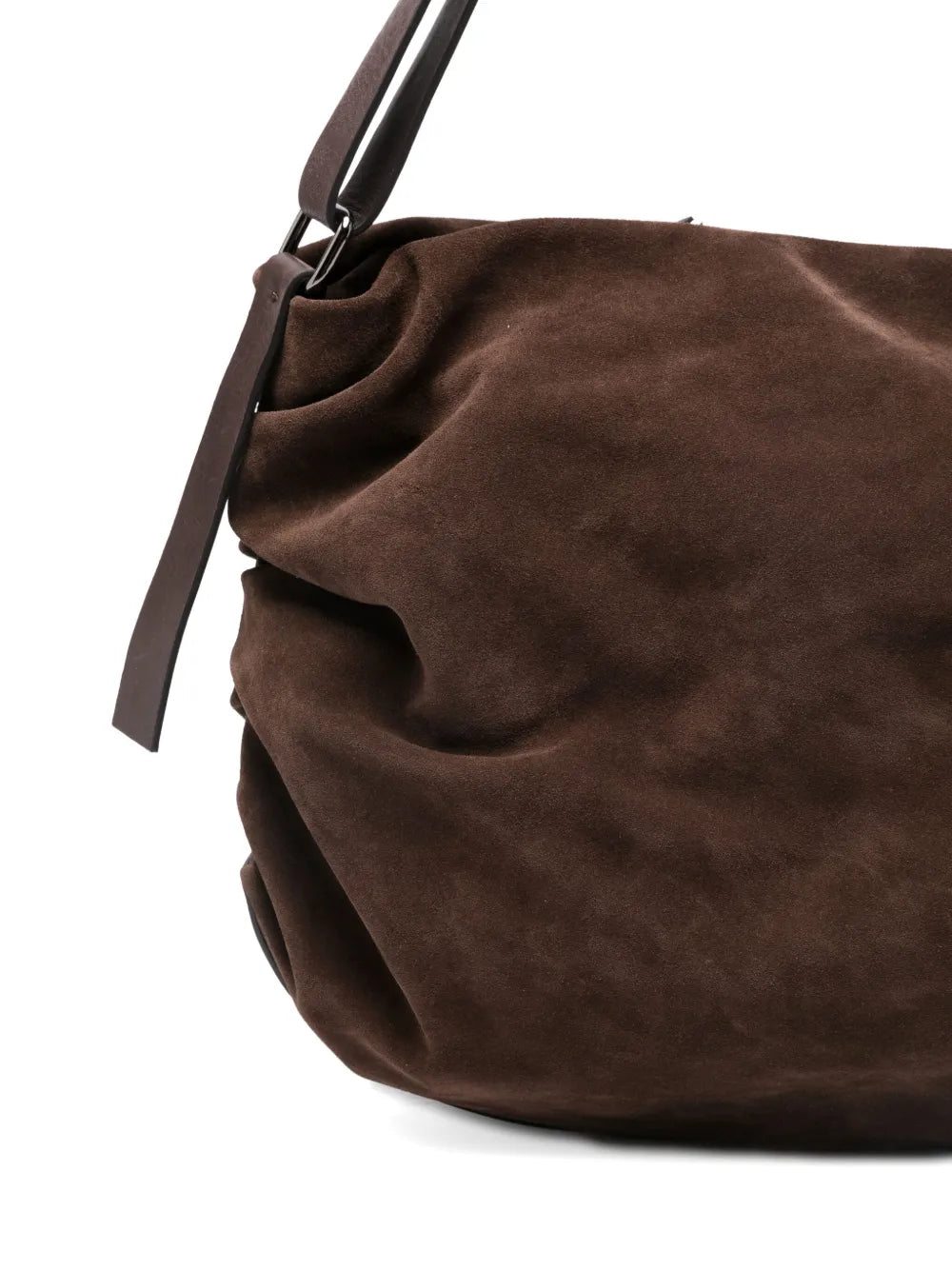 Reptile’s House H844 Ciok shoulder bag in Testa di Moro dark brown suede with soft ruched design and adjustable strap, handcrafted in Italy