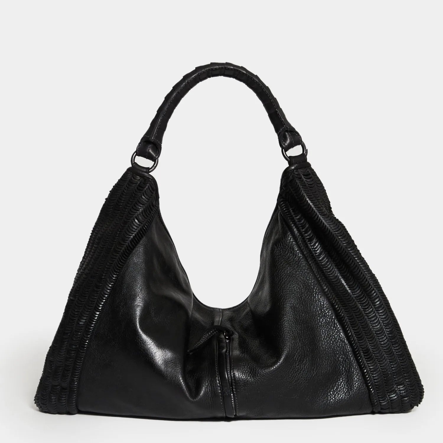 Reptile’s House Lune bag in perforated black calfskin leather, handmade in Italy