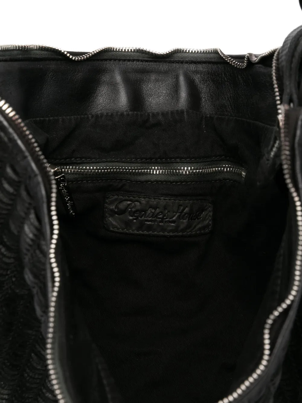 Reptile’s House Lune bag in perforated black calfskin leather, handmade in Italy