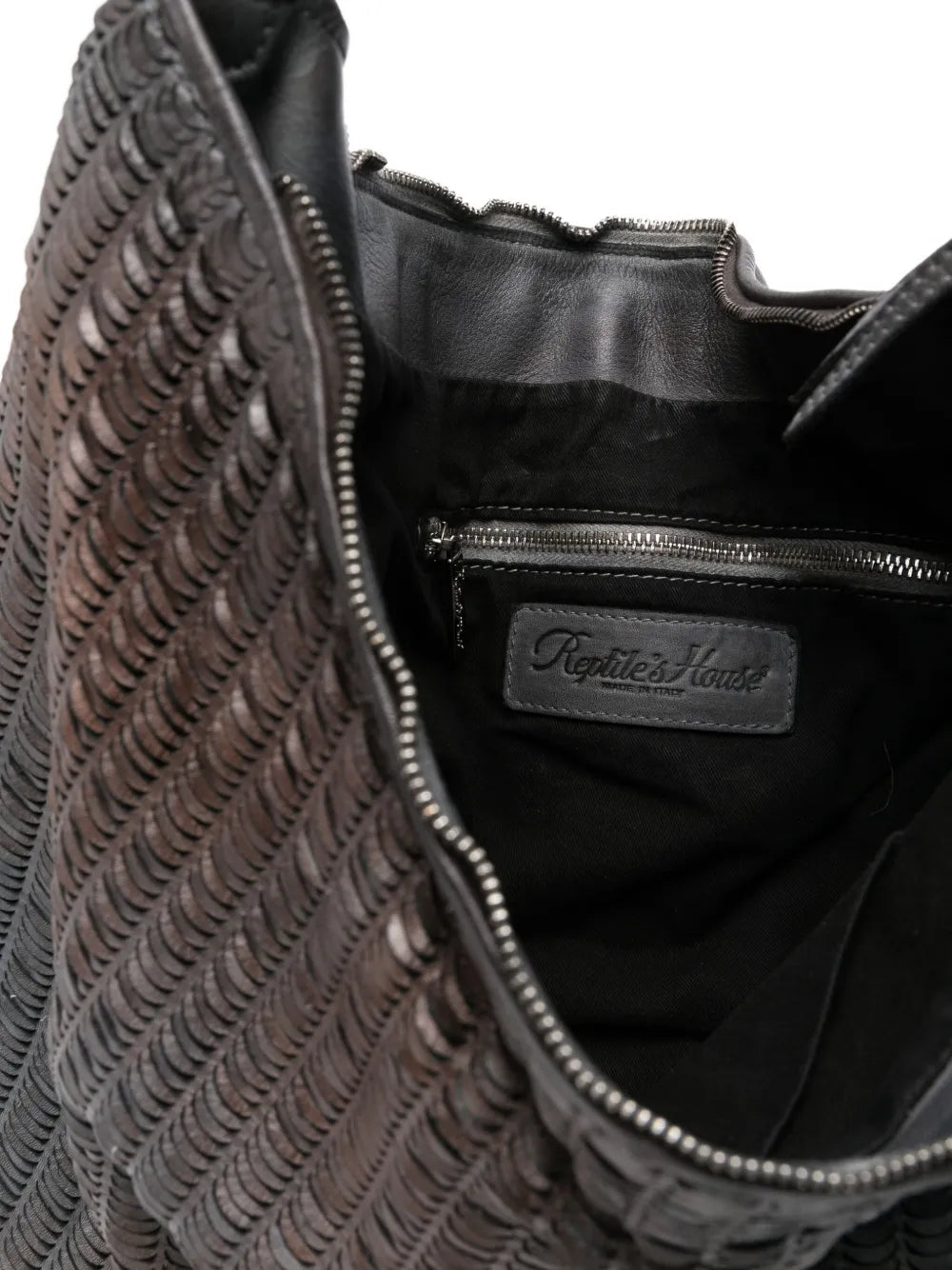 Reptile’s House Lune bag in perforated calfskin leather, color Infinito, handmade in Italy