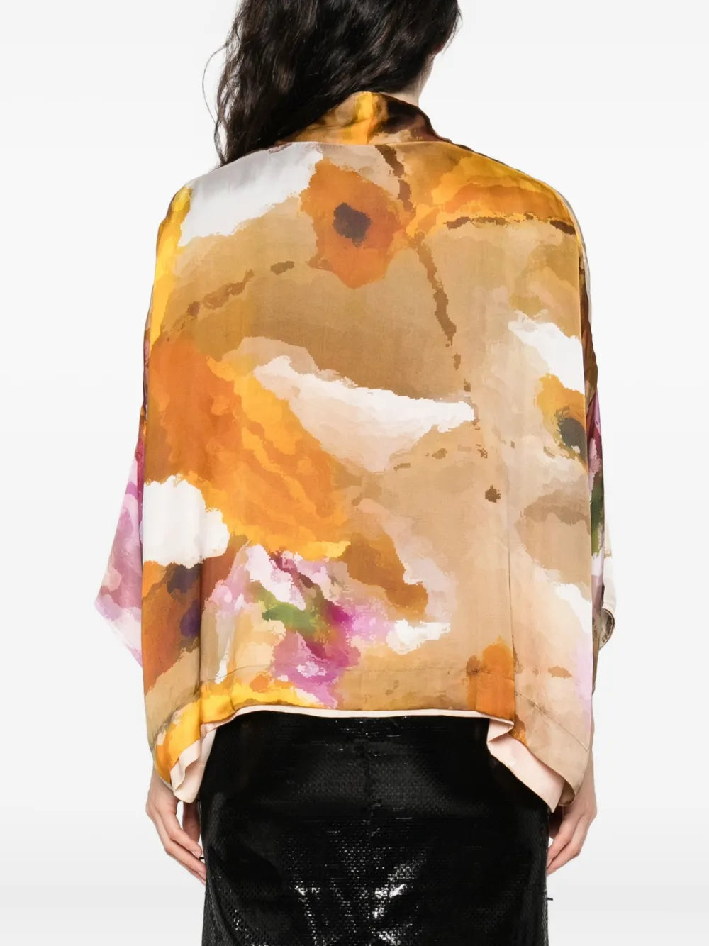 Reversible artistic kimono for women made of 100% cupro with watercolor-style print and fluid silhouette