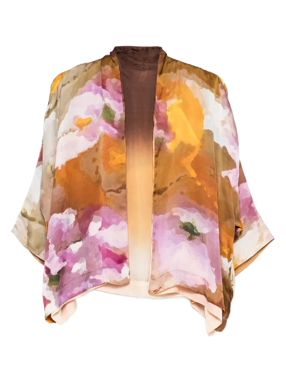 Reversible artistic kimono for women made of 100% cupro with watercolor-style print and fluid silhouette