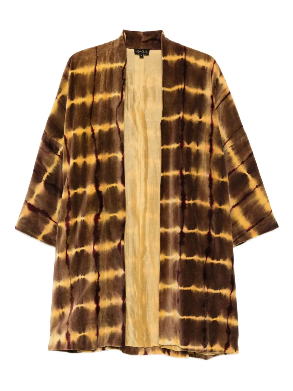 Long cotton kimono with handmade shibori technique in olive green and natural beige tones