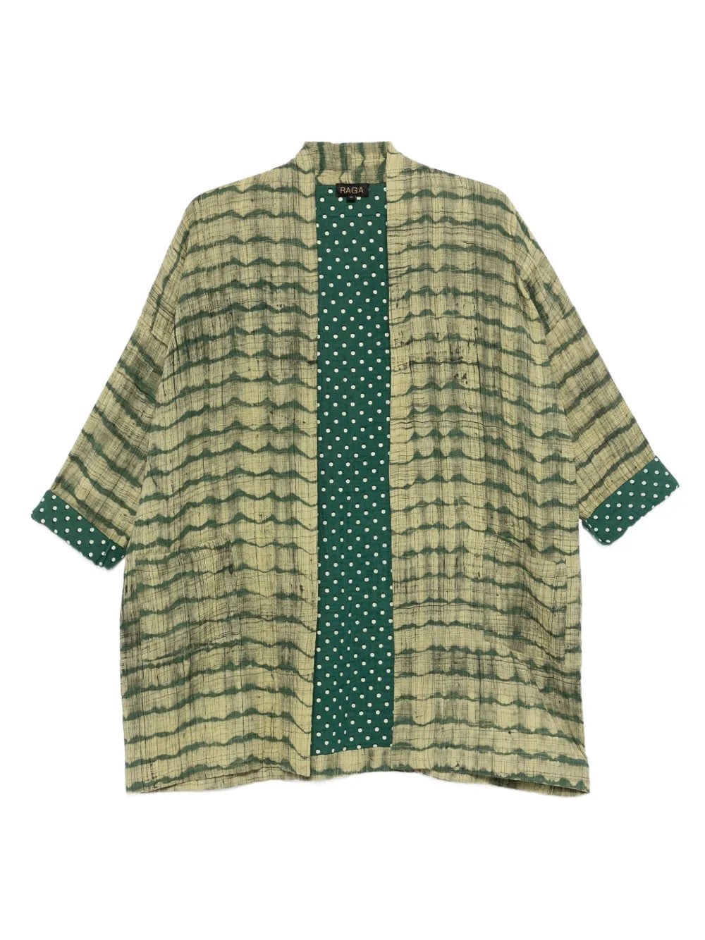 Long cotton kimono with handmade shibori technique in olive green and natural beige tones