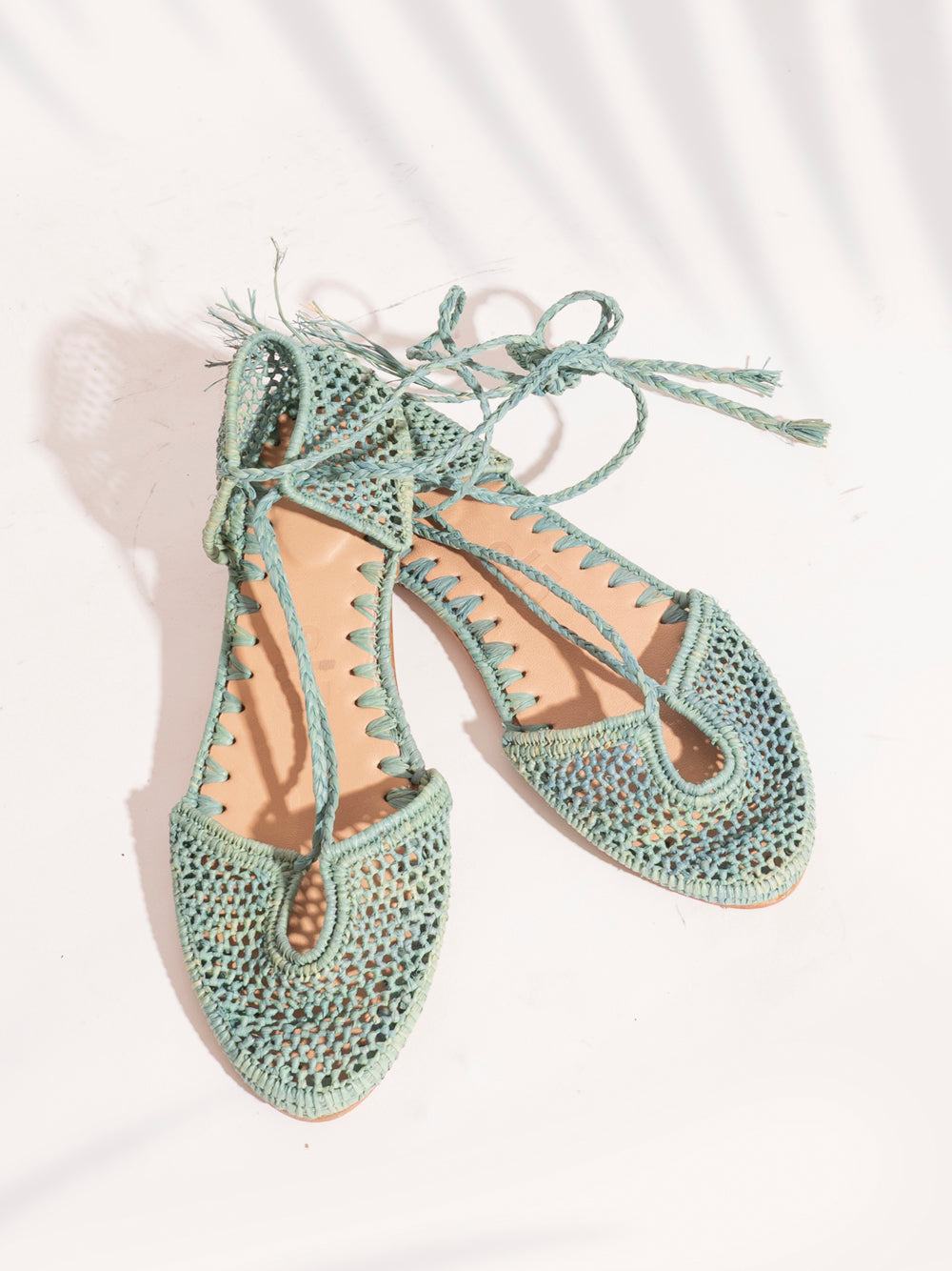 Light aqua raffia flats by slō hand made, ethical and artisanal