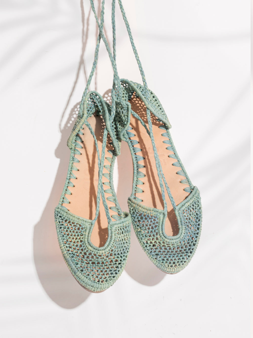 Light aqua raffia flats by slō hand made, ethical and artisanal