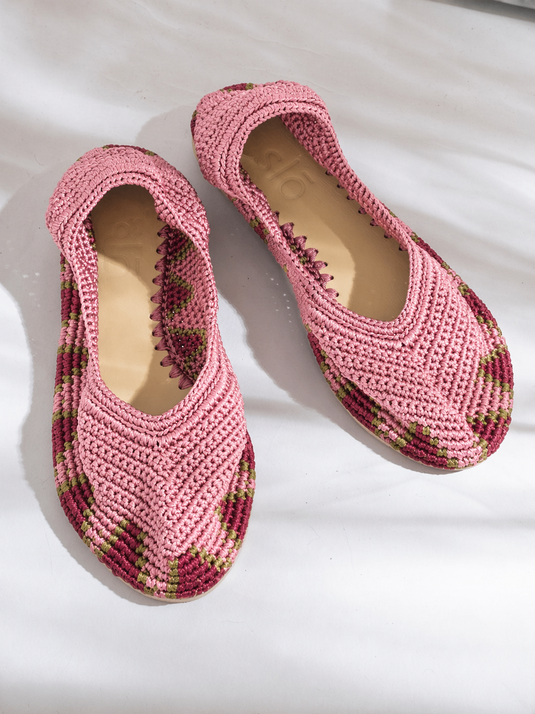 Pink Dune crochet ballet flat without straps by slō hand made — side view