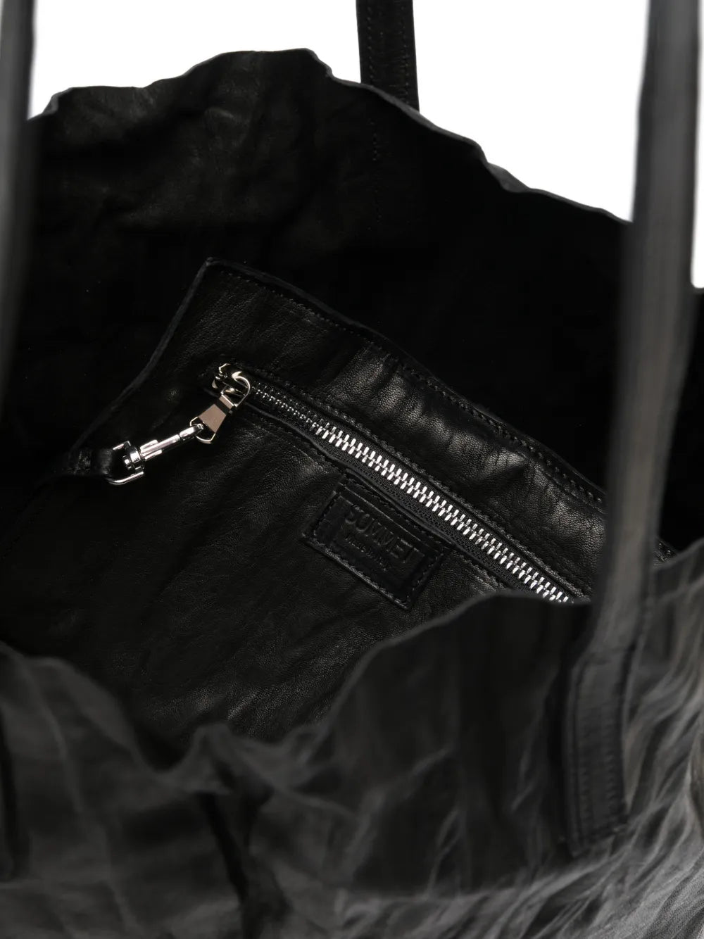 Sommet Long Island black vegetable-tanned leather tote bag with removable crossbody strap, wrinkled texture and detachable zip pouch, handmade in Italy