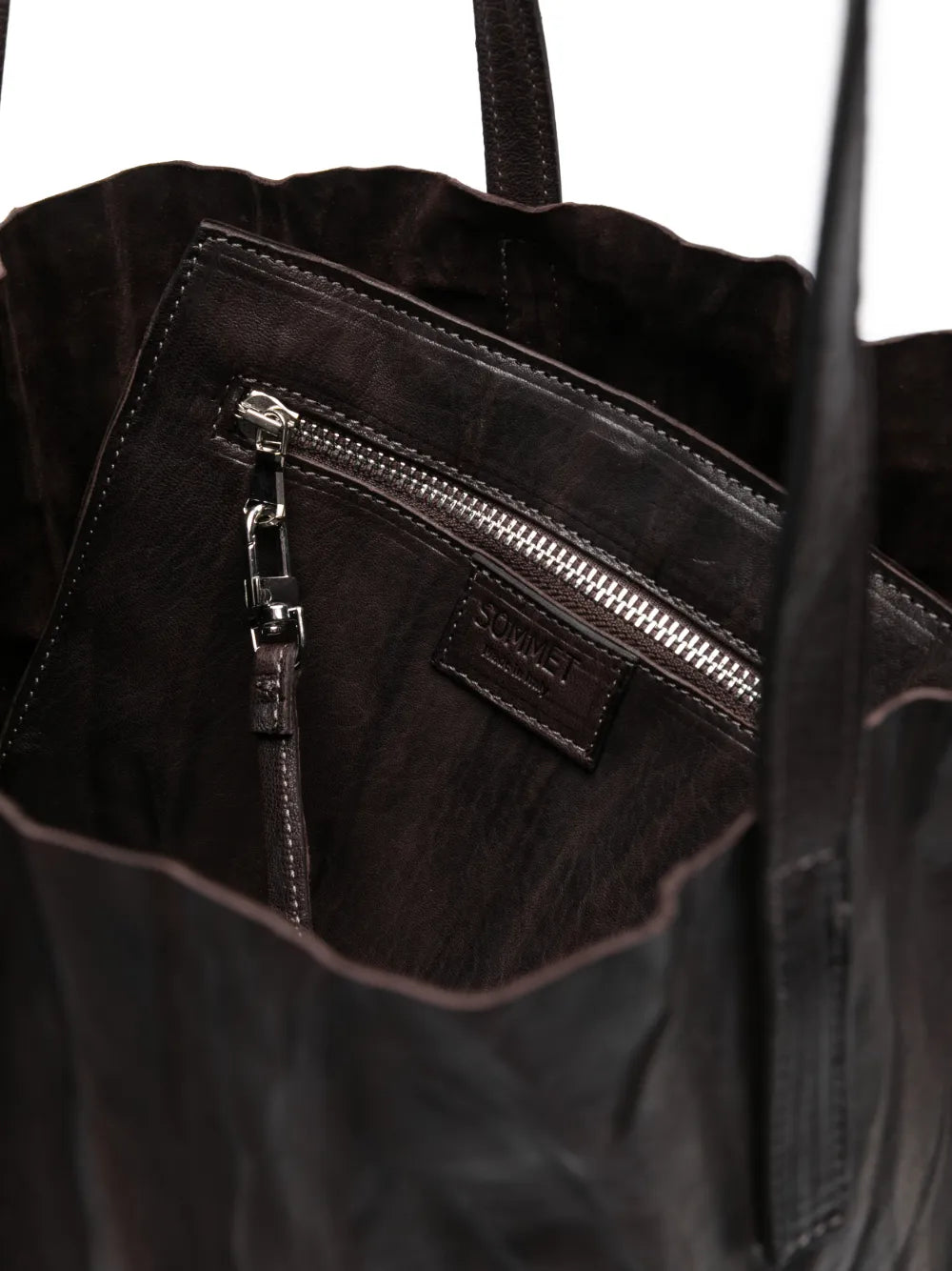 Sommet Long Island coffee brown vegetable-tanned leather tote with removable crossbody strap, wrinkled finish and detachable zip pouch, handmade in Italy