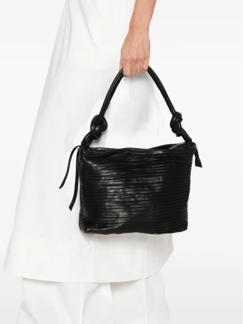 Aisha Medium Rows black leather handbag by Sommet, handmade in Italy with vegetable-tanned leather and textured pleated design