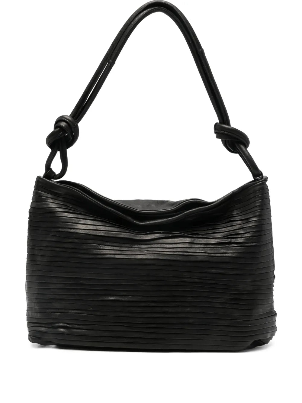 Sommet Aisha Rows large black leather bag with pleated texture and knotted handle made in Italy