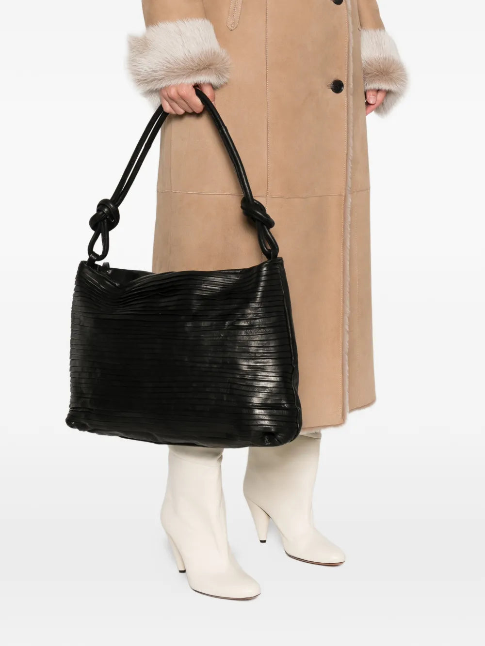 Sommet Aisha Rows large black leather bag with pleated texture and knotted handle made in Italy