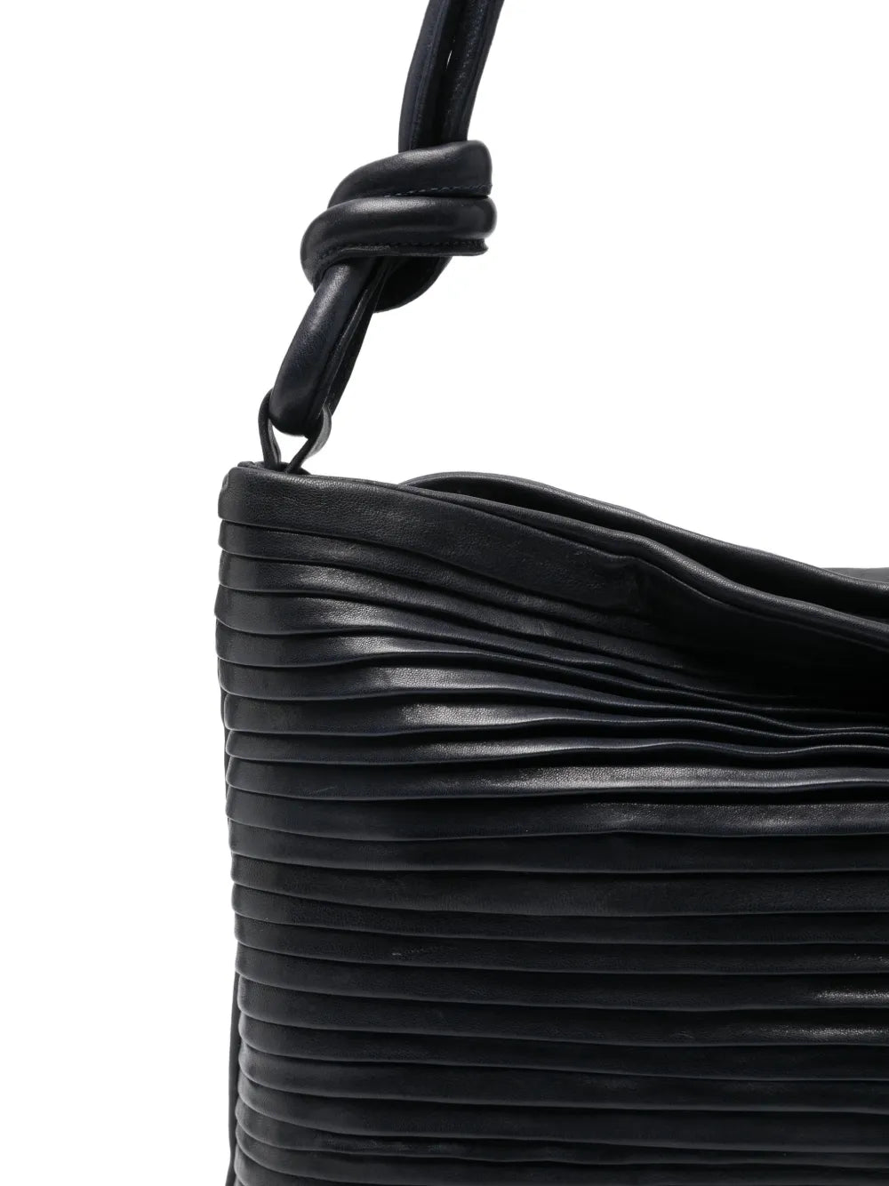 Sommet Aisha Rows large ocean blue leather bag with pleated texture and knotted handle handmade in Italy