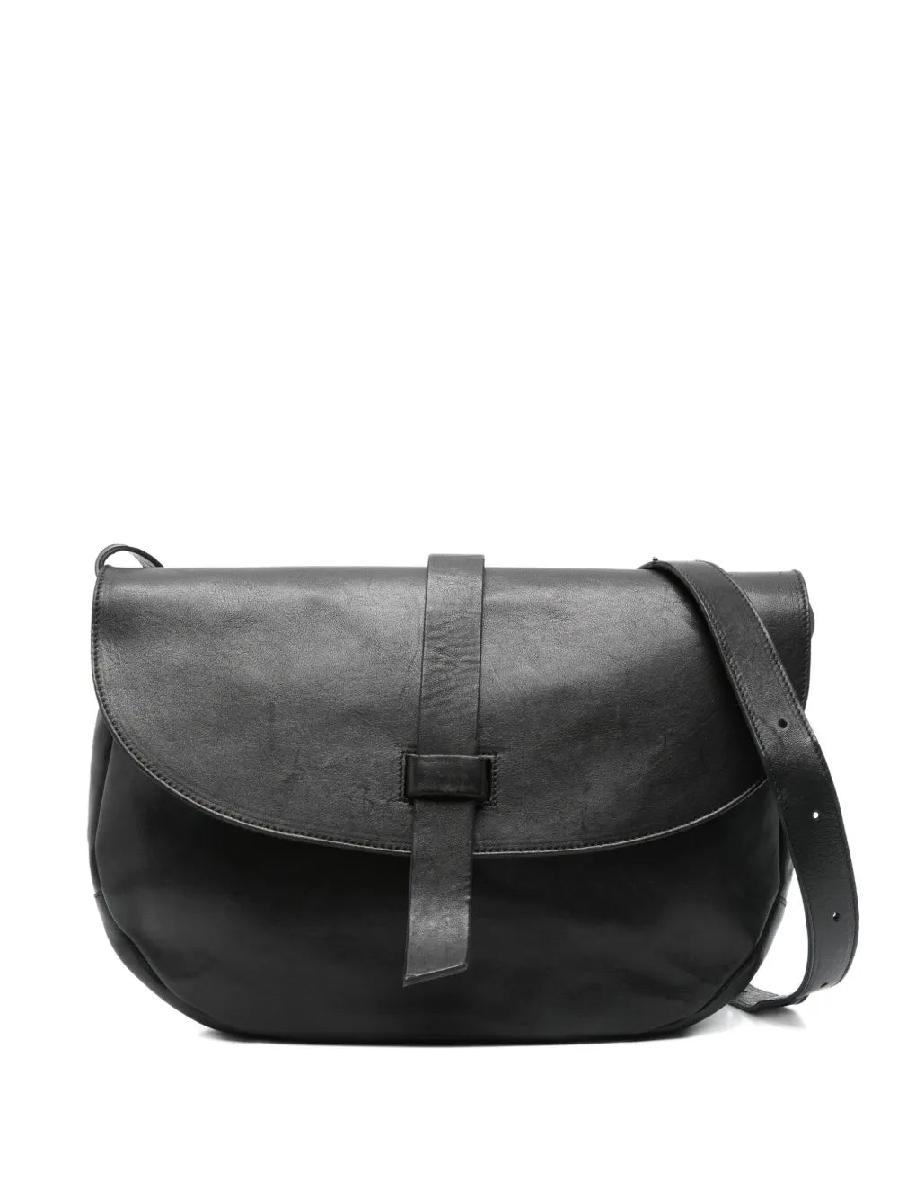 Sommet Alexi black waxed vegetable-tanned leather shoulder bag handmade in Italy – adjustable strap and interior zip pocket.