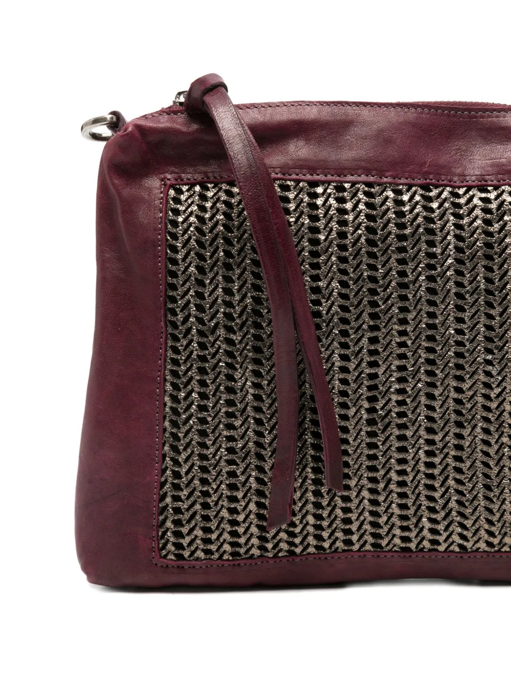 Sommet Alicia crossbody bag in Barolo vegetable-tanned leather with bronze laser-cut panel and adjustable strap, handmade in Italy.