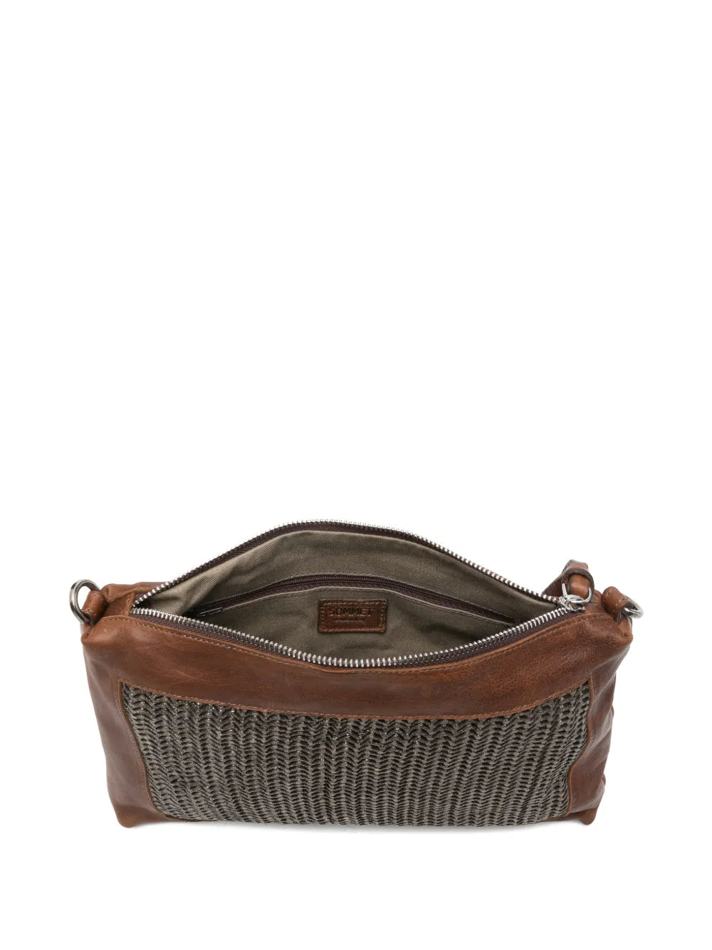 Sommet Alicia crossbody bag in cacao vegetable-tanned leather with bronze laser-cut panel and adjustable strap, handmade in Italy.