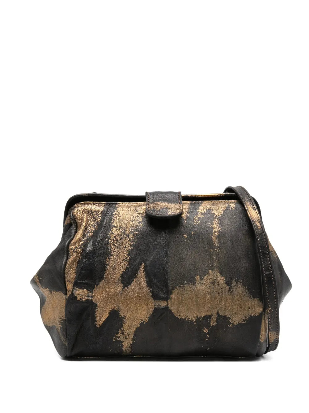 Sommet black and antique gold lambskin clutch and crossbody bag with detachable leather strap, handmade in Italy