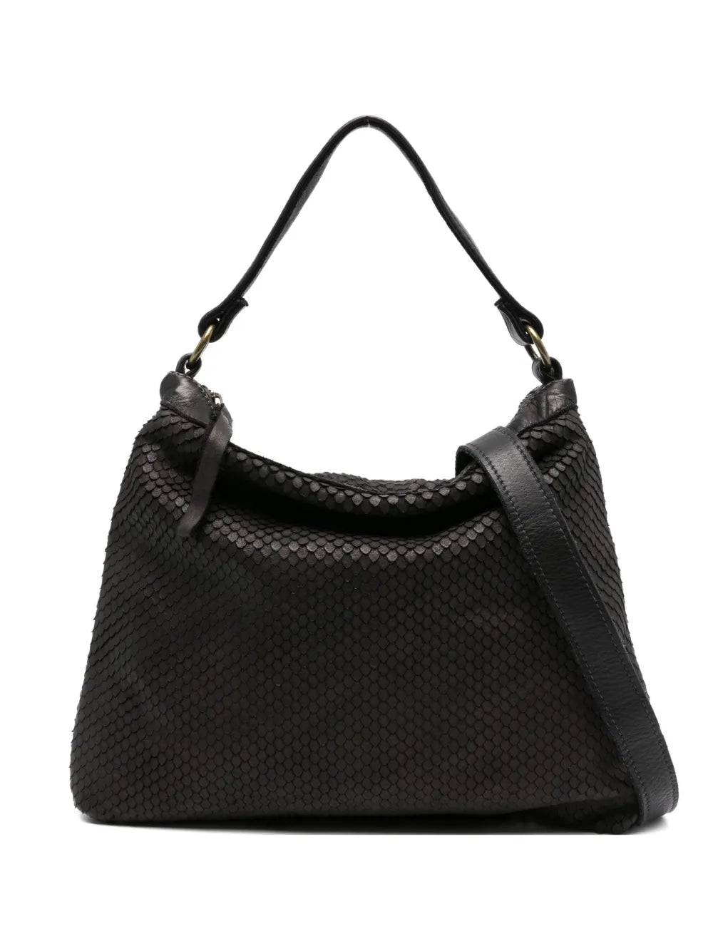 Luxury textured tote bag Corda 358/C in Black leather, double handle for shoulder or crossbody, hand made in Italy