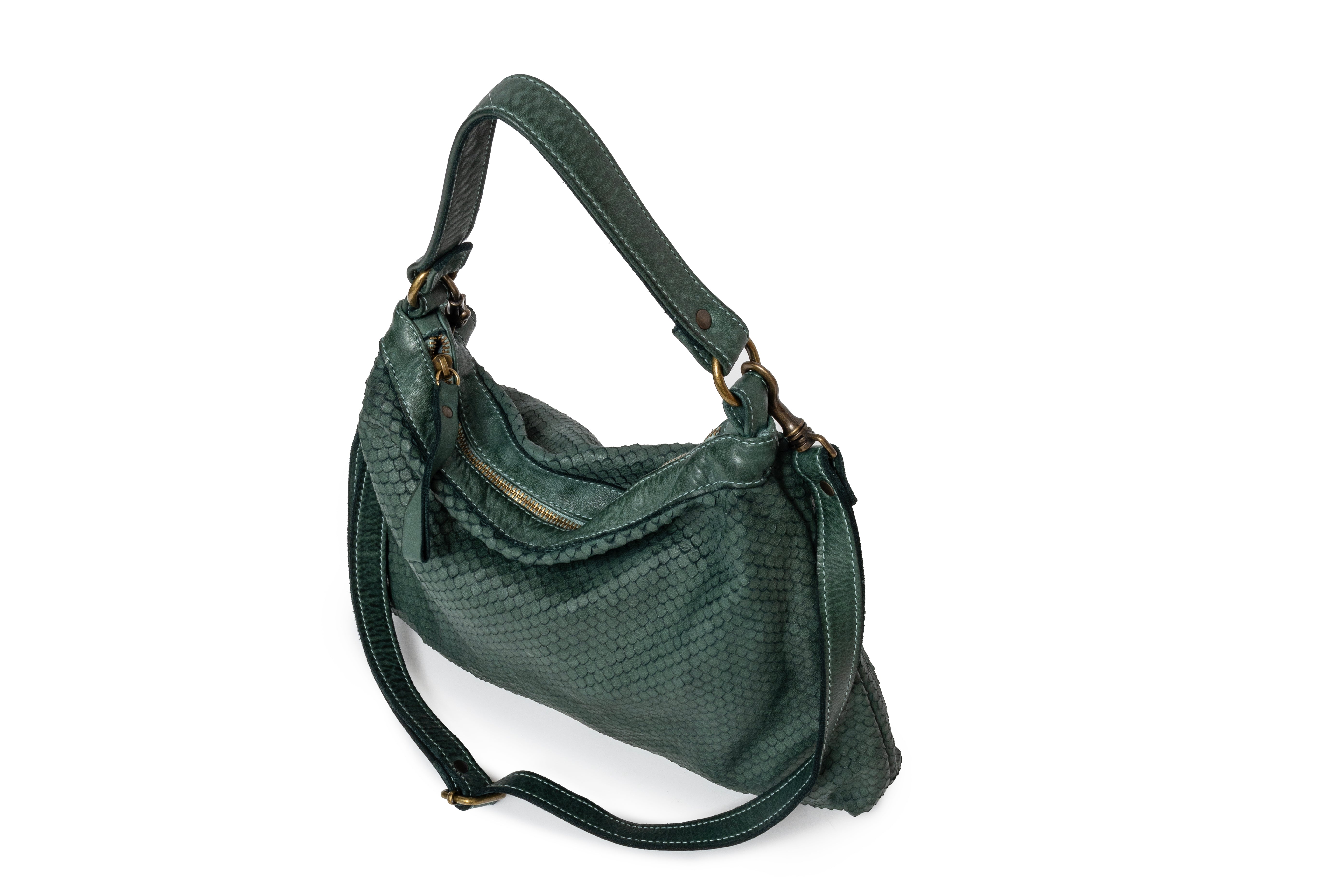 Sommet Corda 358/C tote bag in forest green textured vegetable-tanned leather with top handle and adjustable strap, handmade in Italy