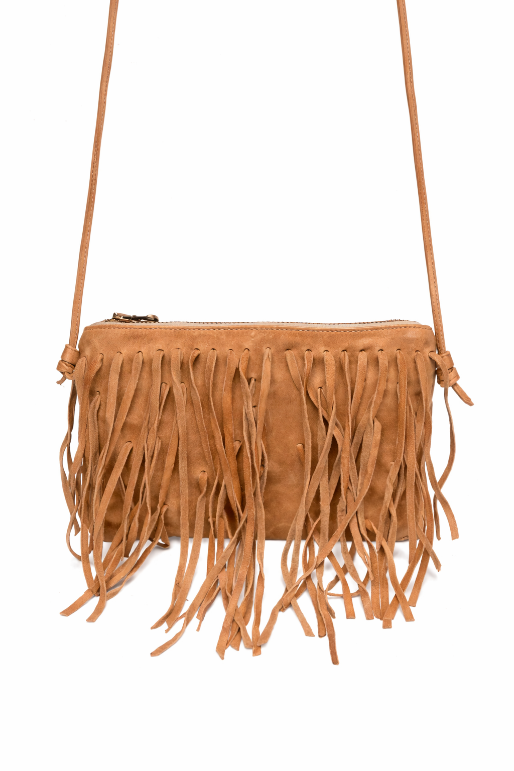 Sommet Country Frange Sand leather bag with fringe, front view