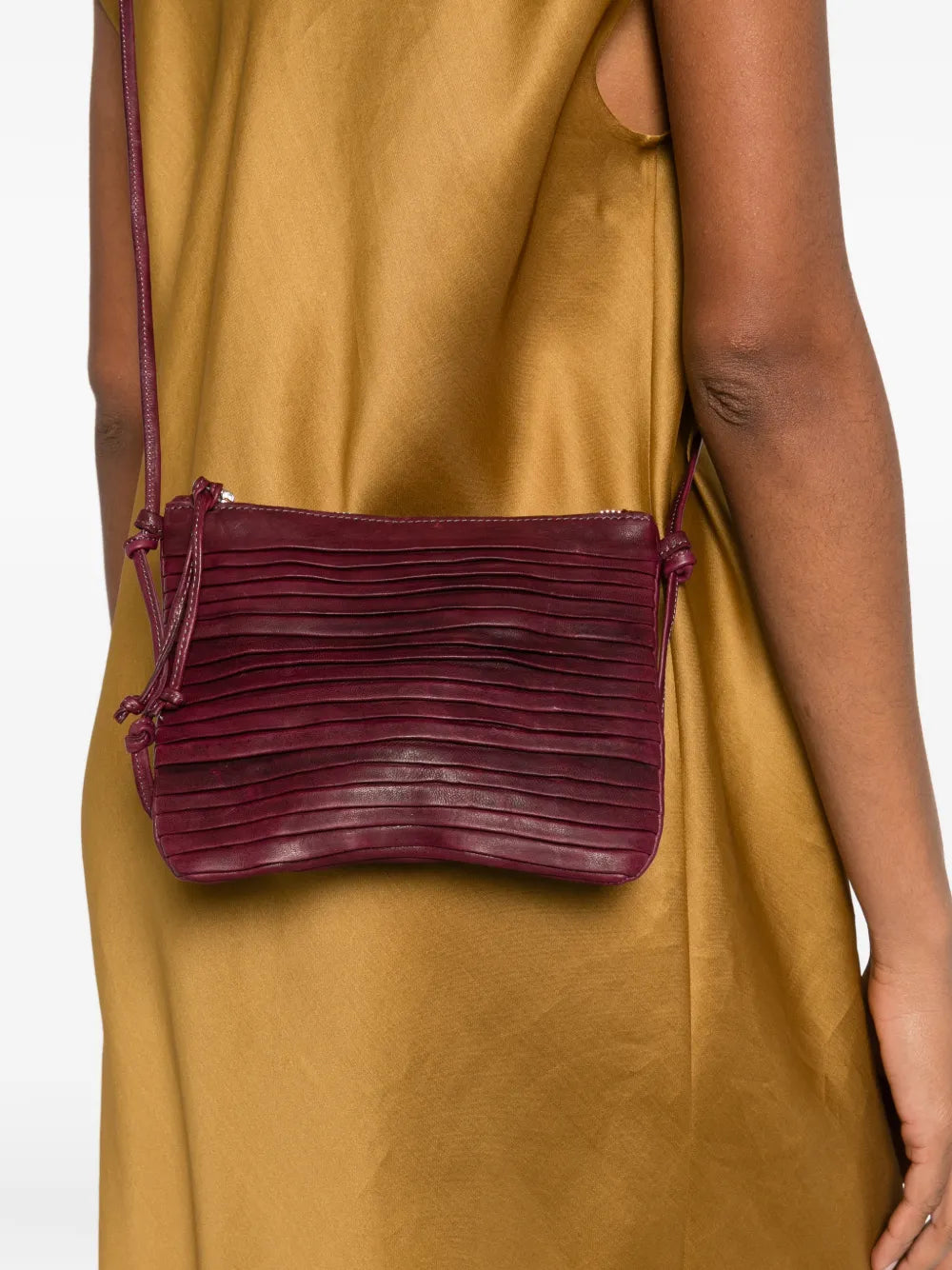 Sommet Country Row crossbody bag in Barolo burgundy vegetable-tanned leather with adjustable strap, handmade in Italy — suitable for day and night.