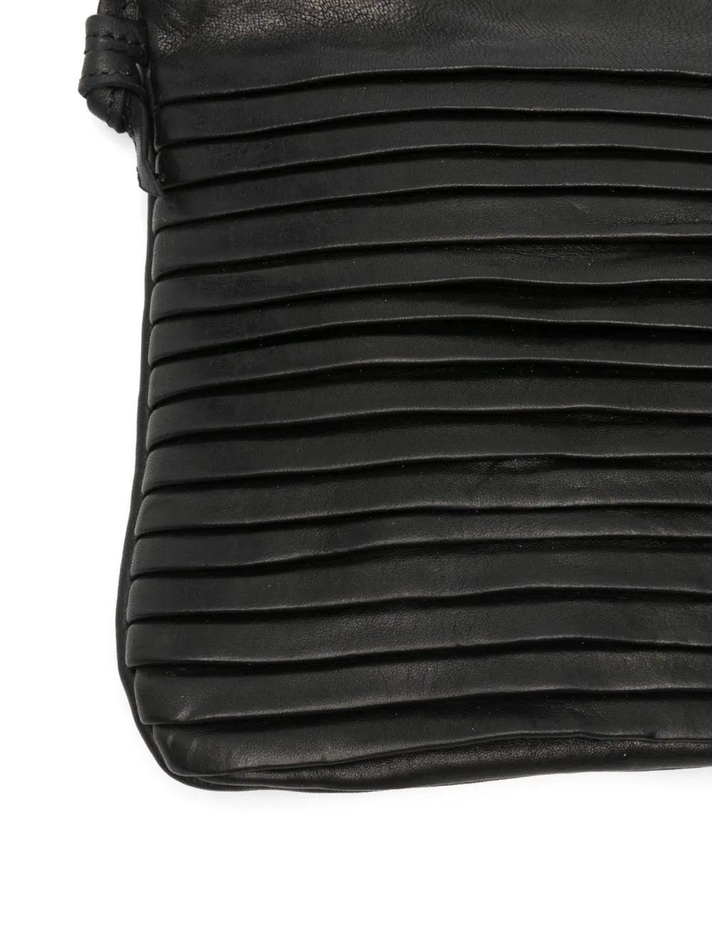 Small black leather crossbody bag with fine horizontal pleated details and adjustable strap, handcrafted in Italy, displayed against a white background.