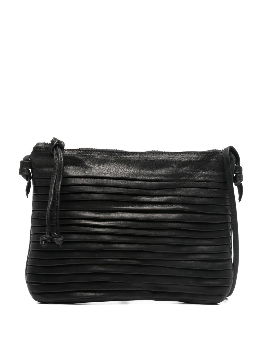 Small black leather crossbody bag with fine horizontal pleated details and adjustable strap, handcrafted in Italy, displayed against a white background.