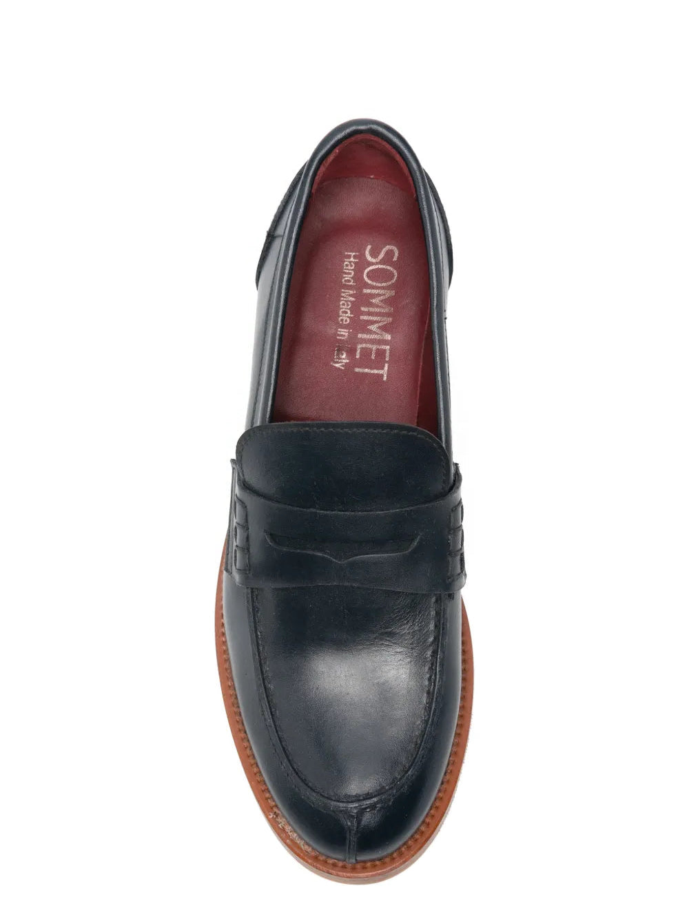 Navy leather penny loafer — SOMMET Hand Made in Italy label