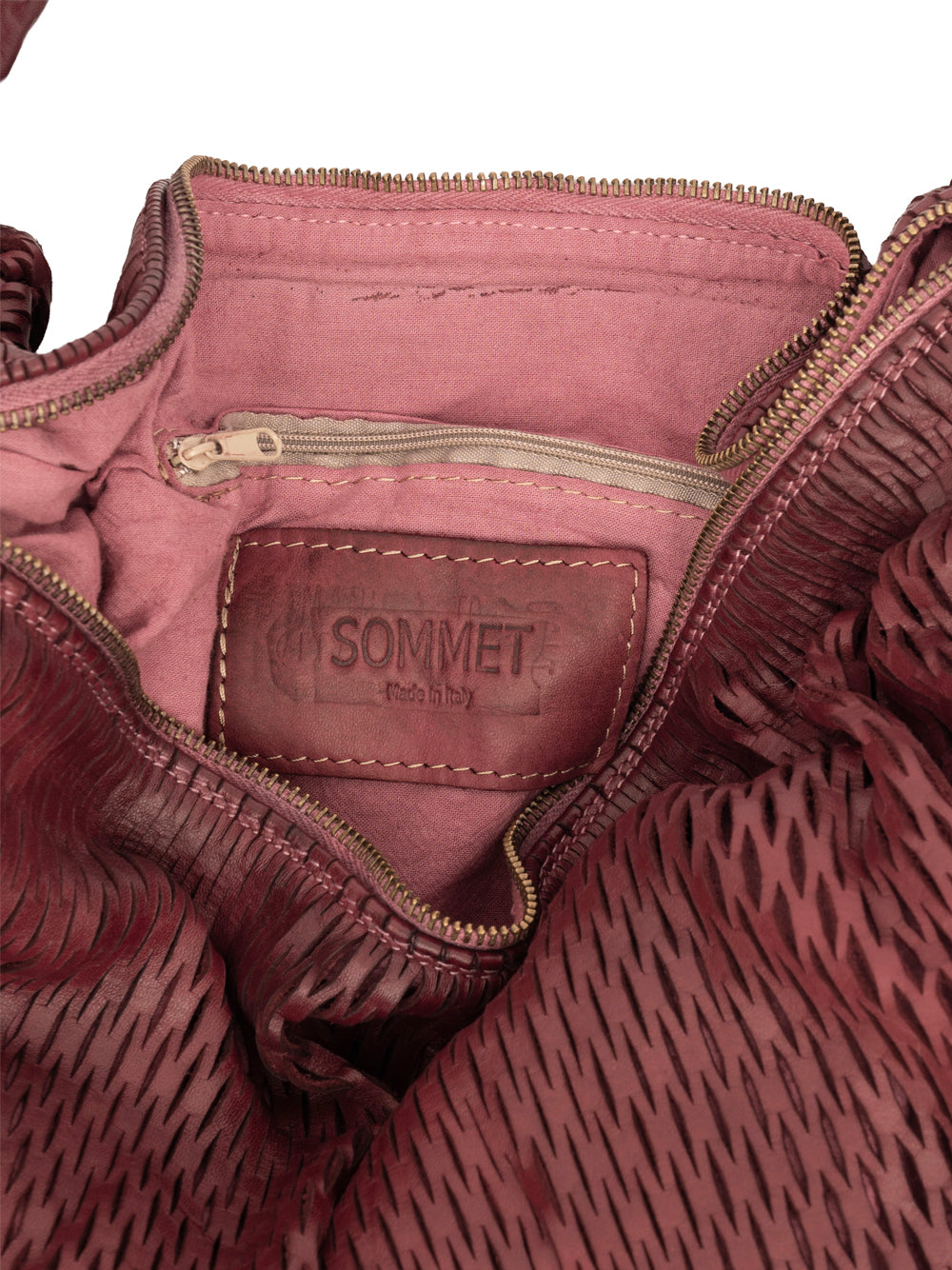 Sommet 306/rete handmade leather hobo bag in Prugna, size M 50x50 cm, flexible bucket design, hand made in Italy