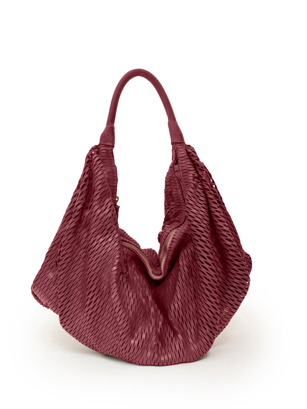 Sommet 306/rete handmade leather hobo bag in Prugna, size M 50x50 cm, flexible bucket design, hand made in Italy