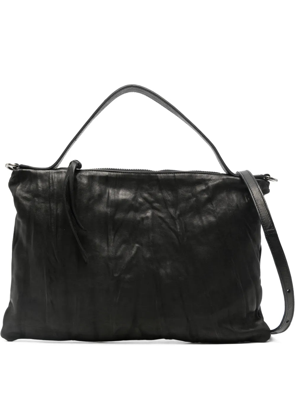Sommet Lexi Small black bag in wrinkled vegetable-tanned leather with short handle and removable crossbody strap