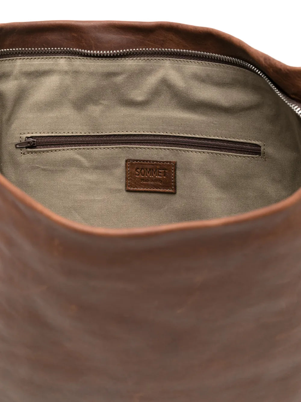Sommet Lidia cacao vegetable-tanned leather sack bag with waxed finish and adjustable strap, handmade in Italy