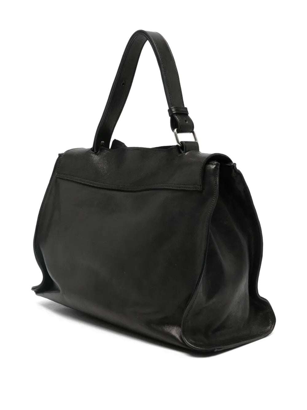 Sommet Mayway L large black handbag made in Italy, handcrafted from vegetable-tanned leather with architectural flap design and adjustable handle