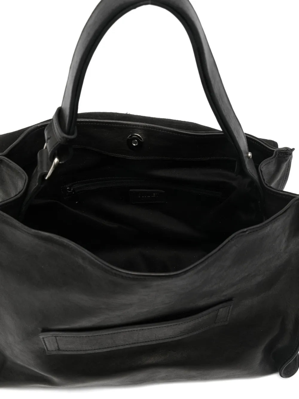 Sommet Mayway L large black handbag made in Italy, handcrafted from vegetable-tanned leather with architectural flap design and adjustable handle