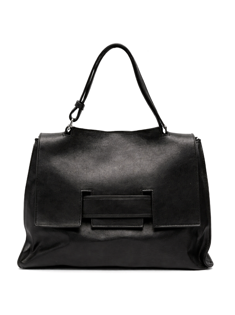 Sommet Mayway L large black handbag made in Italy, handcrafted from vegetable-tanned leather with architectural flap design and adjustable handle