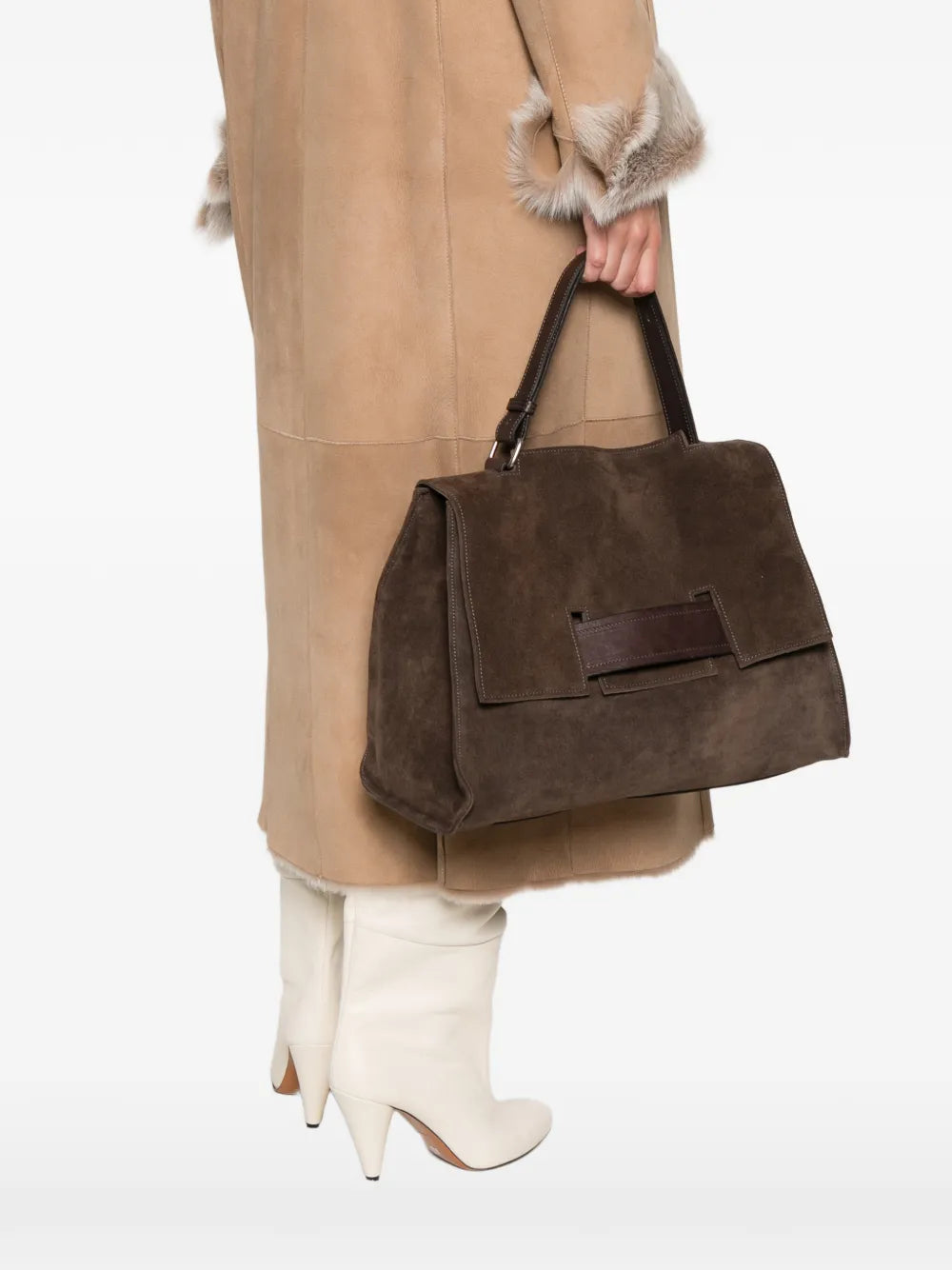 Sommet Mayway L suede coffee brown handbag handmade in Italy with architectural flap and adjustable handle