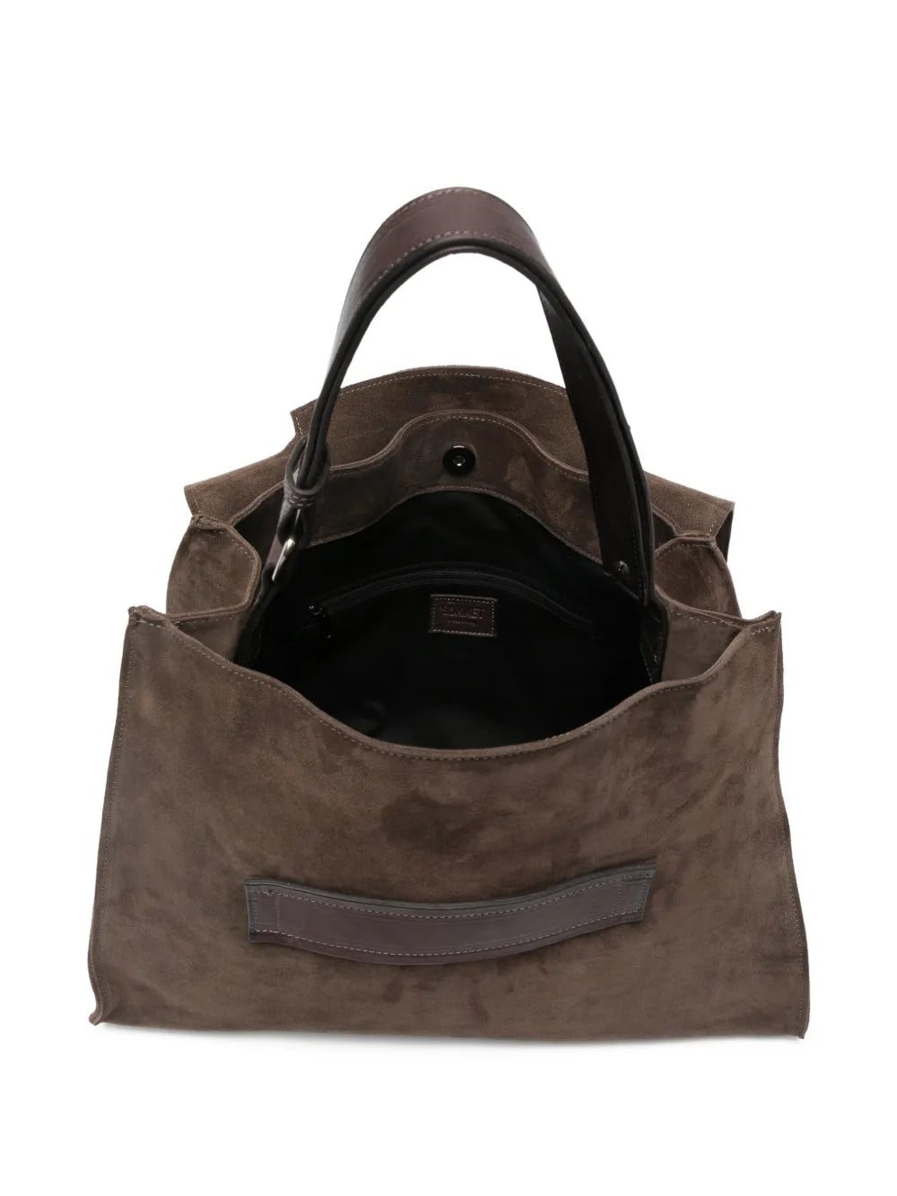 Sommet Mayway L suede coffee brown handbag handmade in Italy with architectural flap and adjustable handle