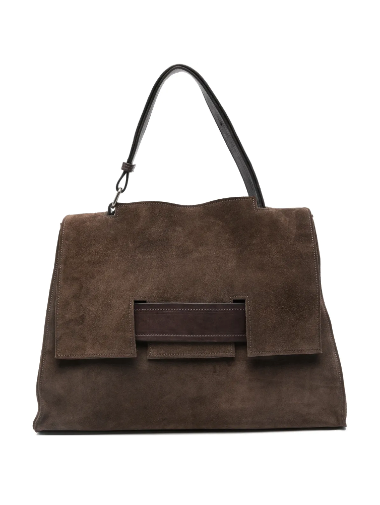 Sommet Mayway L suede coffee brown handbag handmade in Italy with architectural flap and adjustable handle