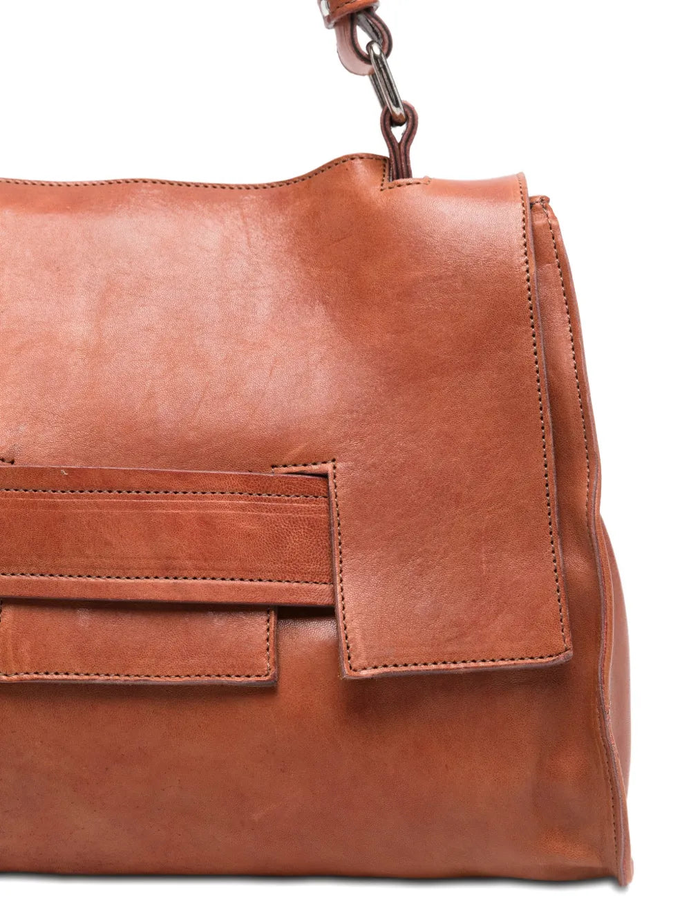 Sommet Mayway Little siena leather handbag with structured silhouette, geometric flap detail and adjustable top handle, handcrafted in Italy.