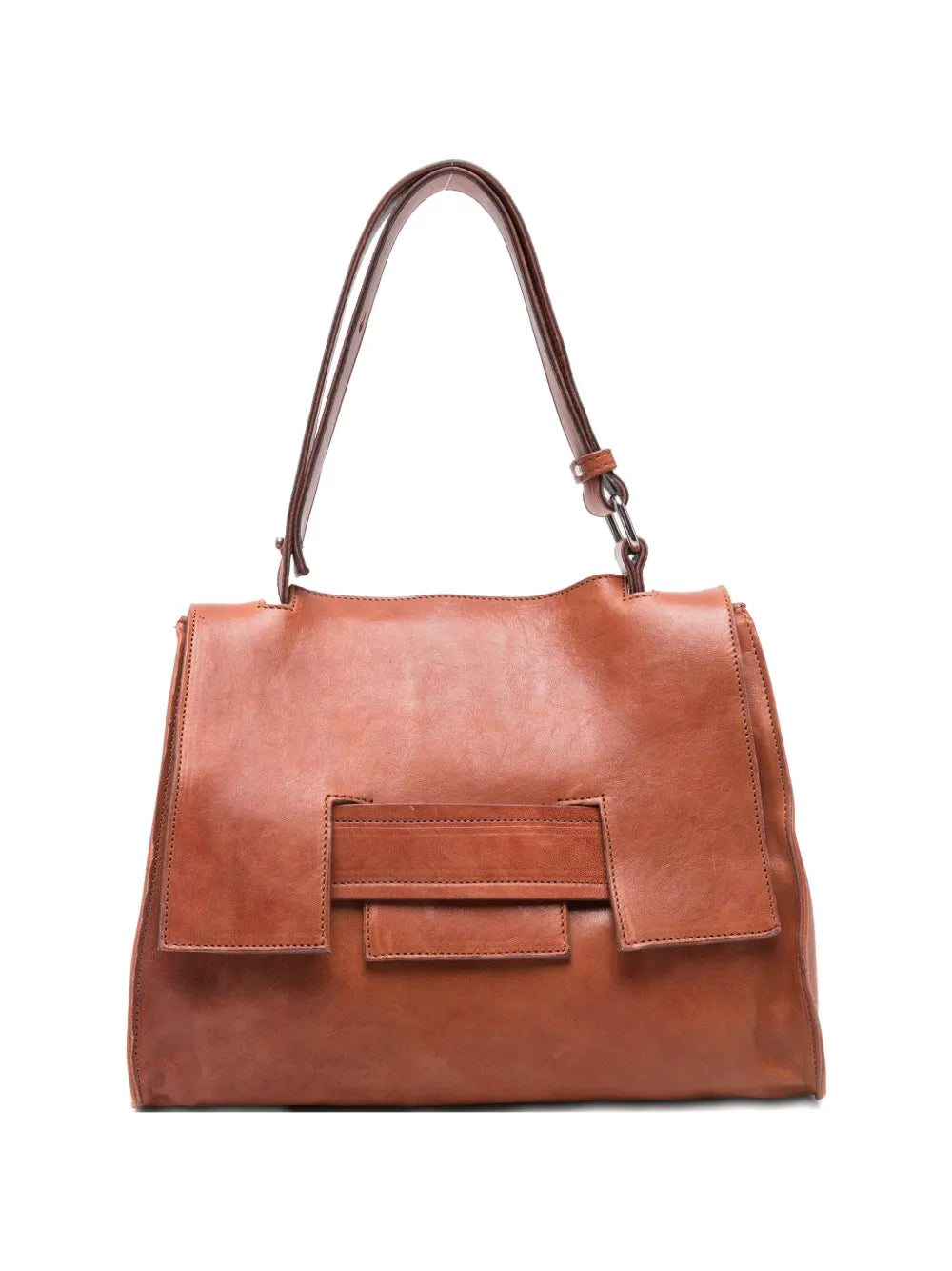 Sommet Mayway Little siena leather handbag with structured silhouette, geometric flap detail and adjustable top handle, handcrafted in Italy.