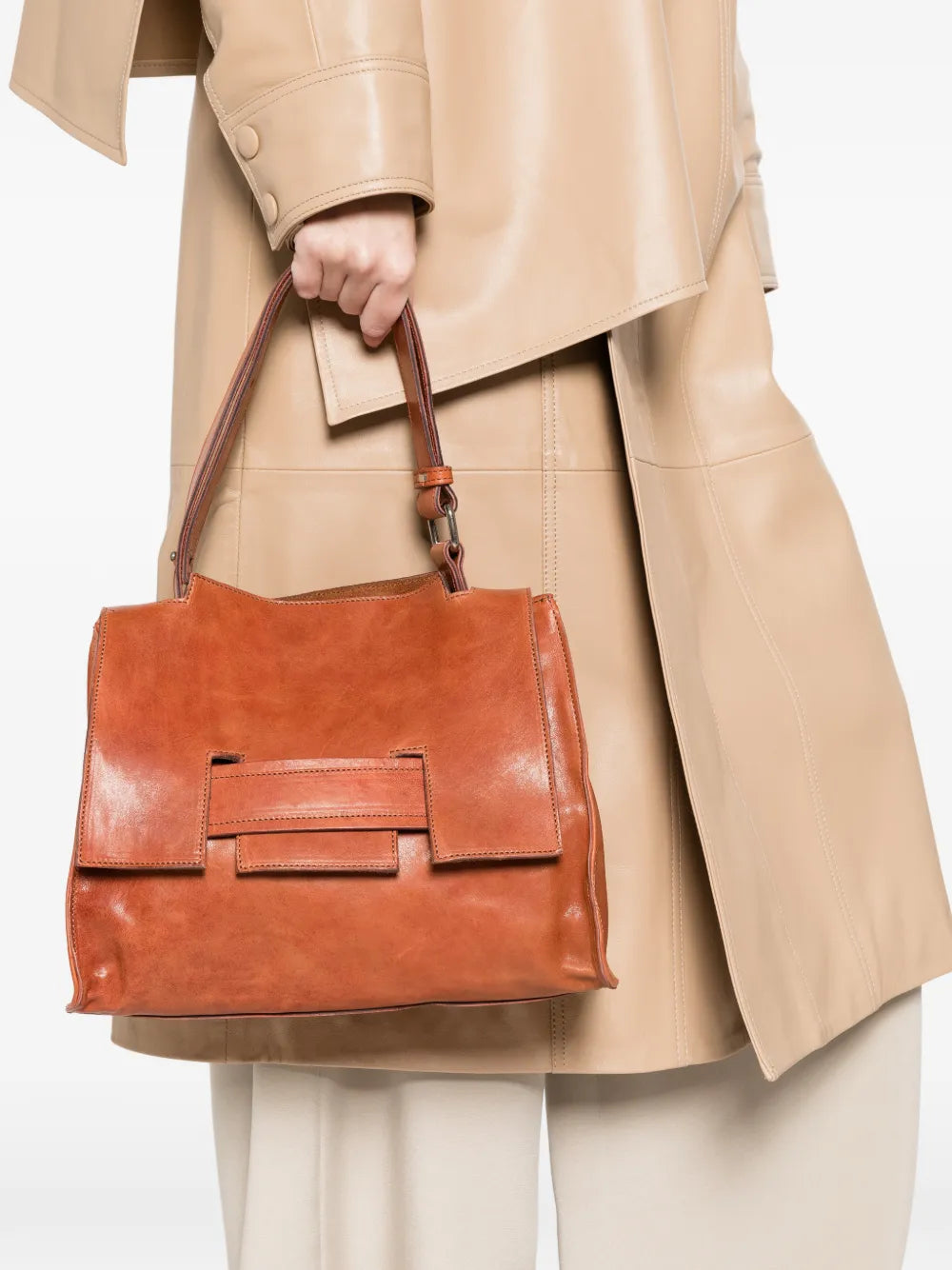 Sommet Mayway Little siena leather handbag with structured silhouette, geometric flap detail and adjustable top handle, handcrafted in Italy.