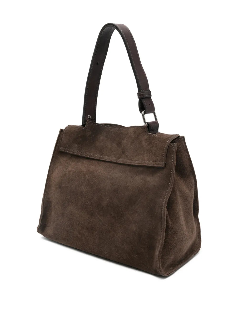 Brown suede structured handbag with geometric flap and adjustable strap, handcrafted in Italy.