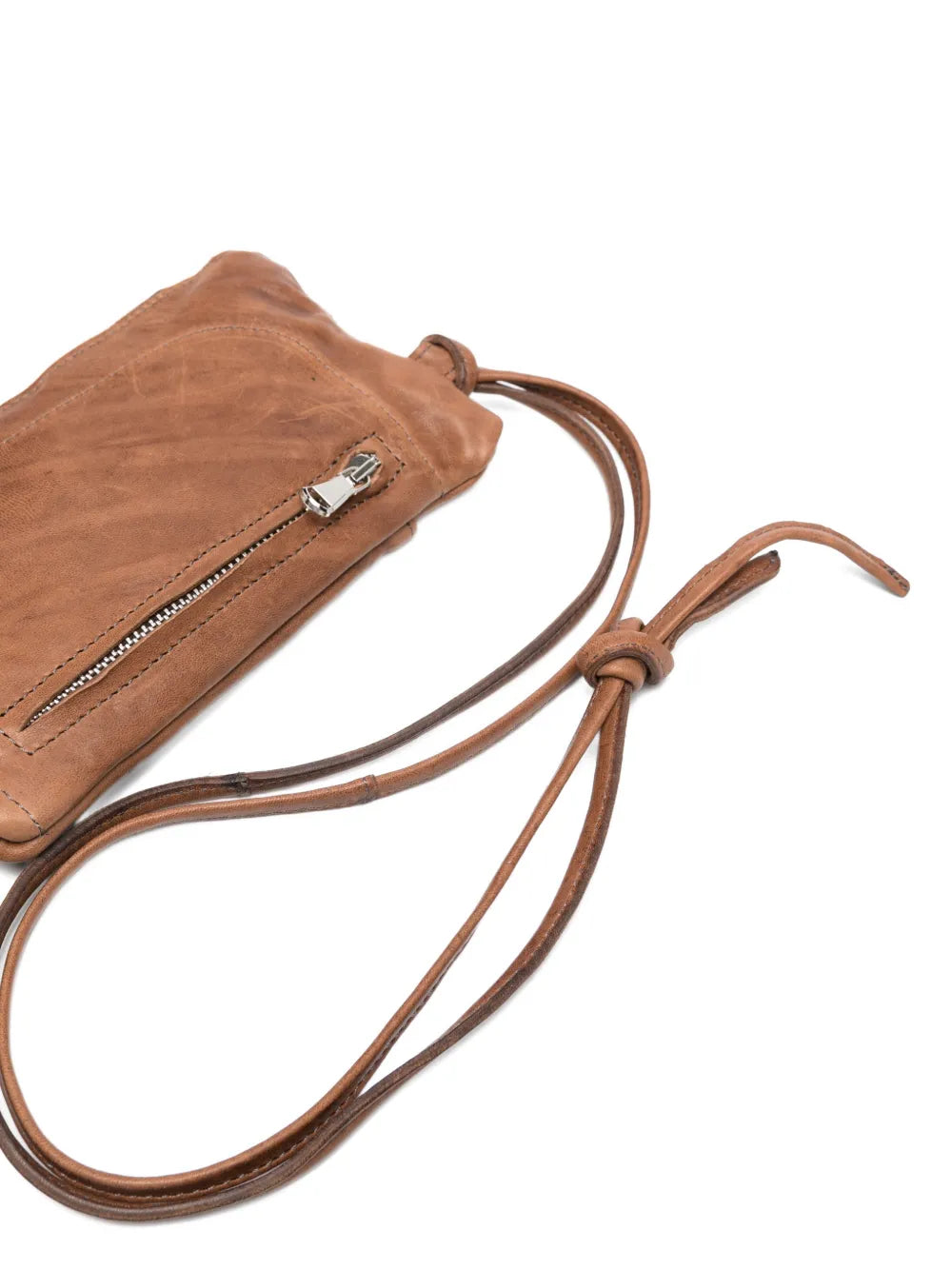 Sommet Neck sand leather phone pouch in vegetable tanned leather, handcrafted in Italy with zipper closure and shoulder strap.